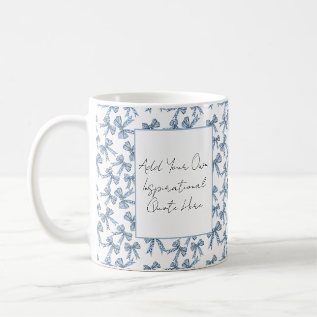 Blue and White Ribbon Pattern Custom Quote Coffee Mug (Left)