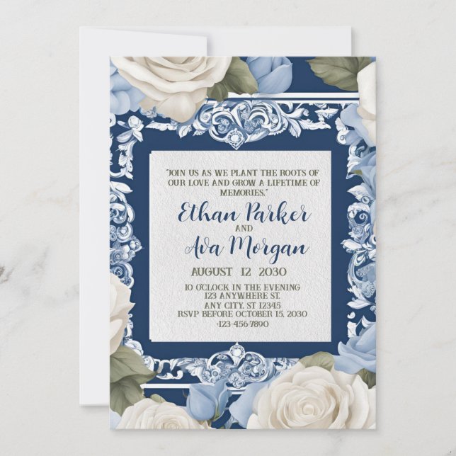 Blue and White Rose Wedding  Design Invitation (Front)