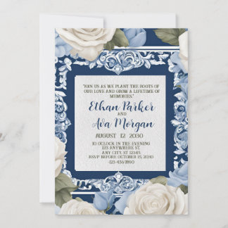 Blue and White Rose Wedding Design Invitation