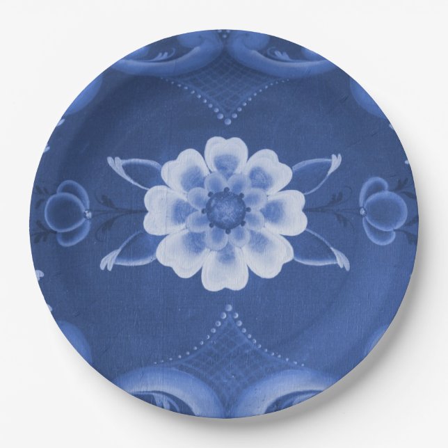 Blue and White Rosemaling Paper Plates (Front)