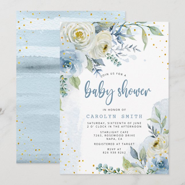 Blue and White Roses Floral Gold Foil Baby Shower Invitation (Front/Back)