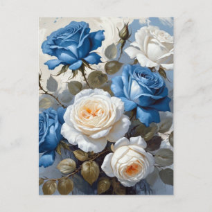 Blue and white roses floral print postcard