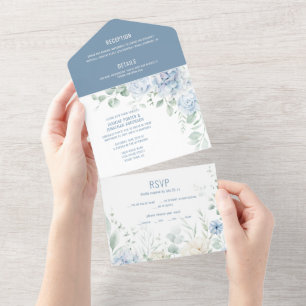 Blue and White Roses, Peonies Wedding Invitation