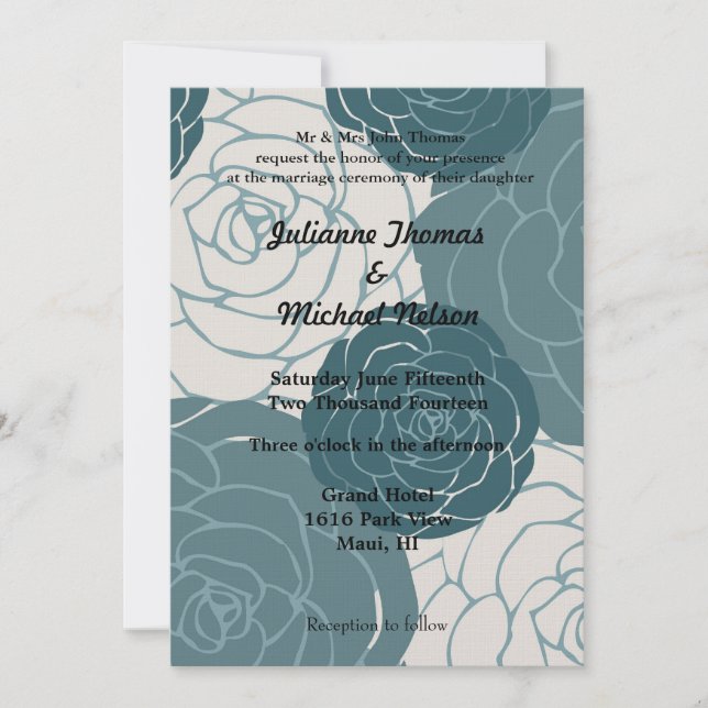 Blue and White Roses Romantic Wedding Invitation (Front)