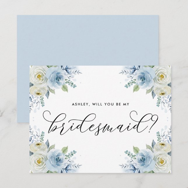 Blue and White Roses Will You Be My Bridesmaid Announcement Postcard (Front/Back)