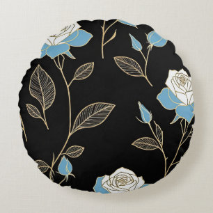 Blue and White Roses with Gold trim Round Pillow