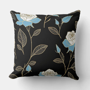 Blue and White Roses with Gold trim Throw Pillow