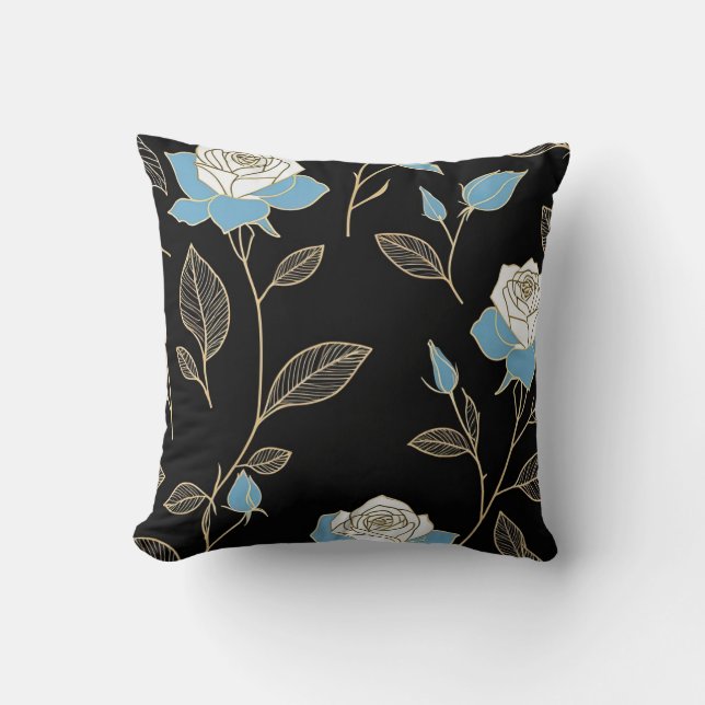 Blue and White Roses with Gold trim Throw Pillow (Front)