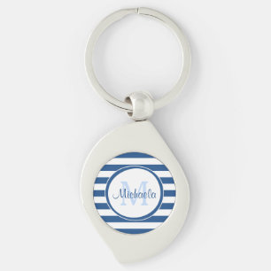 Blue and White Rugby Stripes With Girly Monogram Keychain