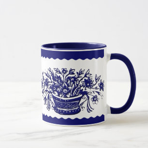 Blue and White Rustic Flower Basket and Border Mug