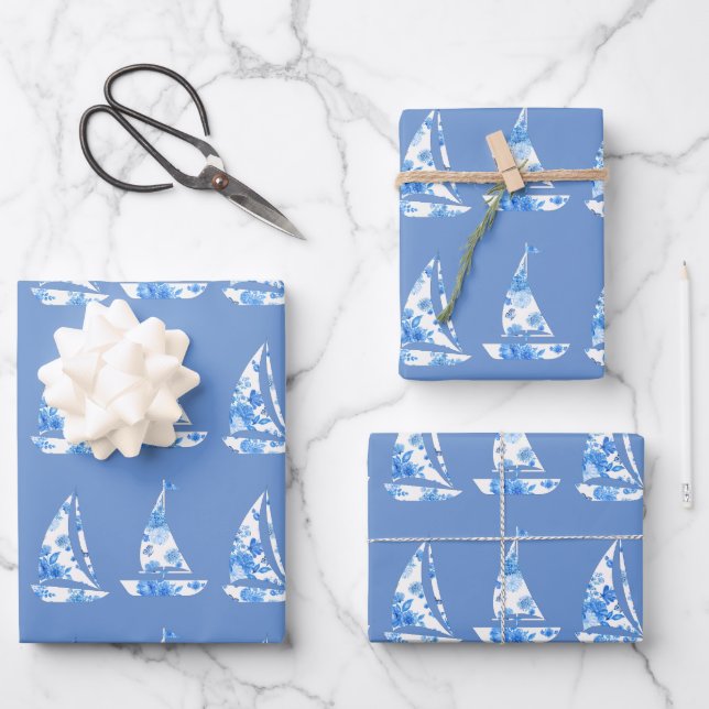 Blue and White Sailboat Wrapping Sheets (Front)