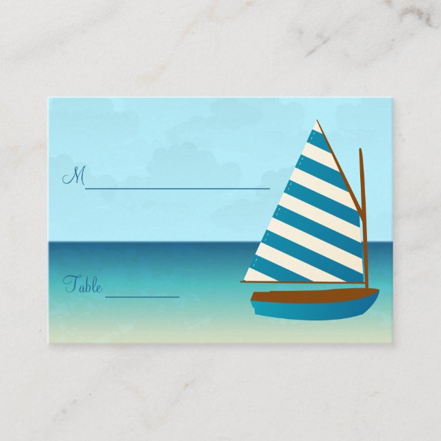 Blue and White Sailing Boat Wedding Place Setting Card (Front)