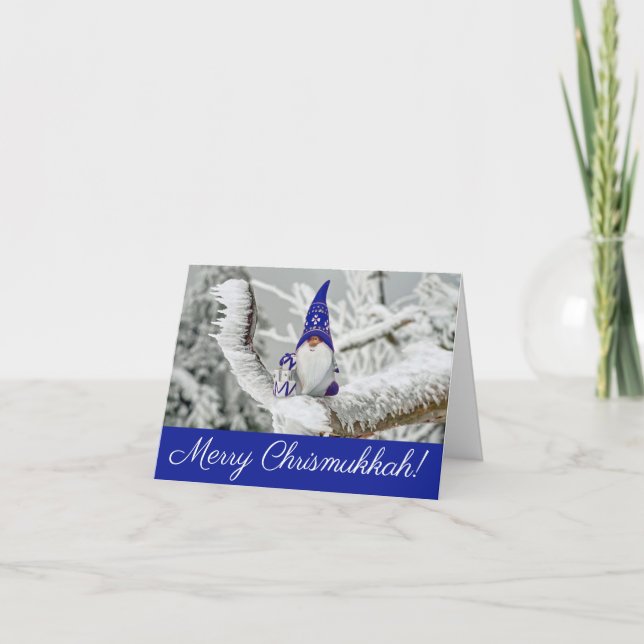 Blue and White Santa Wishing a Merry Chrismukkah Card (Front)