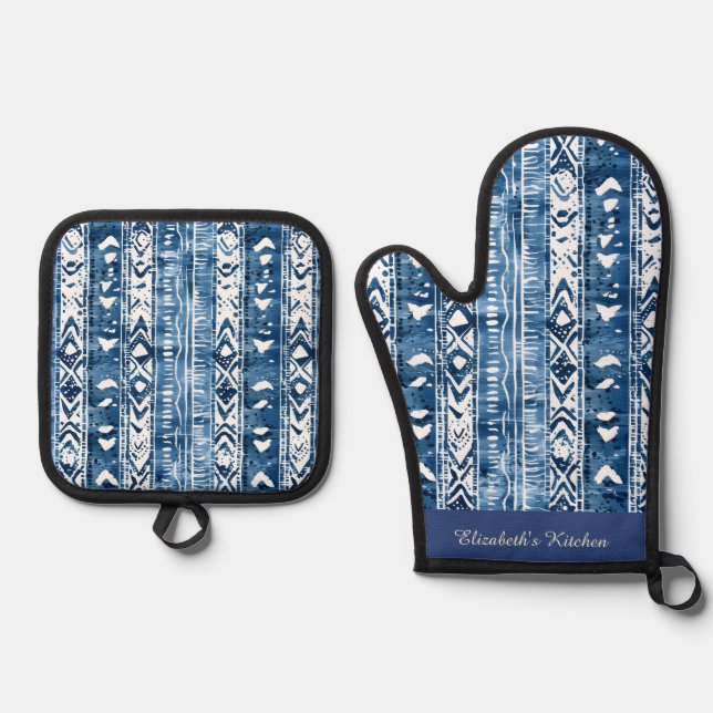 Blue and White Sashiko Pattern  Oven Mitt & Pot Holder Set (Front)