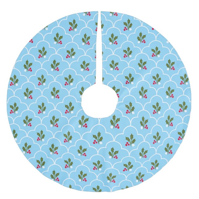 Blue and White Scallop Holly Berry Christmas Brushed Polyester Tree Skirt (Front)