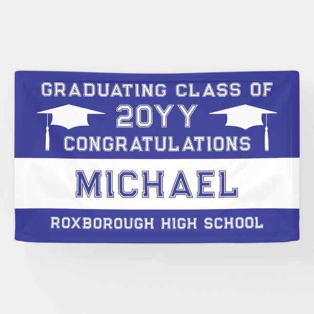Blue and White School Colours Graduation Banner (Horizontal)