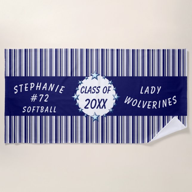 Blue and White School Graduation Personalized Beach Towel (Front)