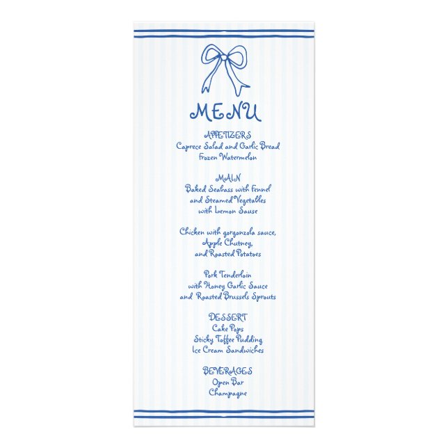 Blue and white scribble bow wedding menu card (Front)