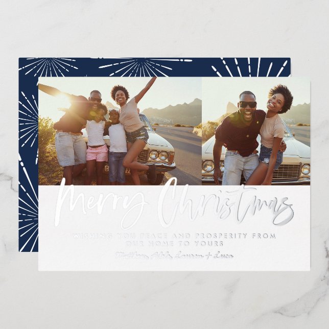 Blue and white script merry Christmas multi photo Foil Holiday Card (Front/Back)