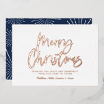 Blue and white script merry Christmas non photo Foil Holiday Card<br><div class="desc">Navy blue and white script merry Christmas non photo modern star burst design.</div>