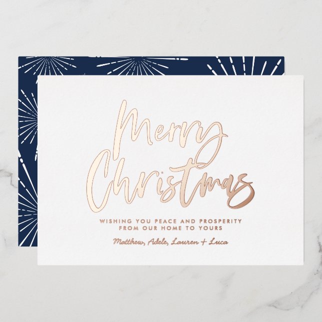 Blue and white script merry Christmas non photo Foil Holiday Card (Front/Back)