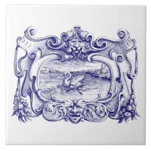 Blue and White Scroll Cartouche With Swan Tile