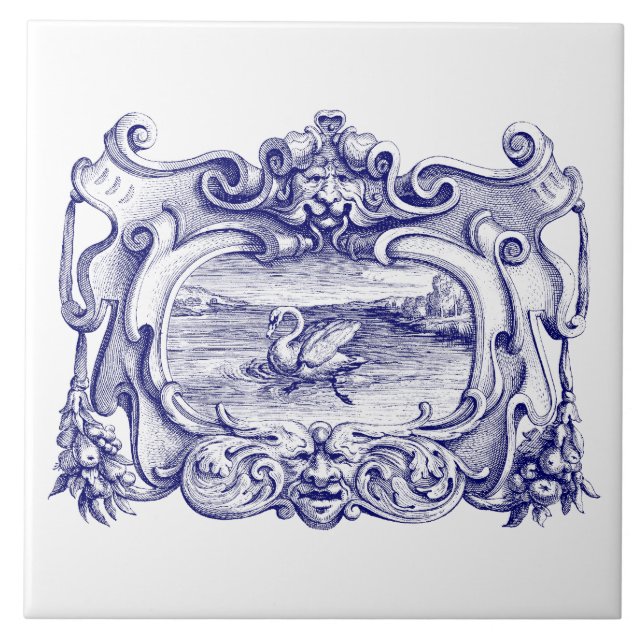 Blue and White Scroll Cartouche With Swan Tile (Front)