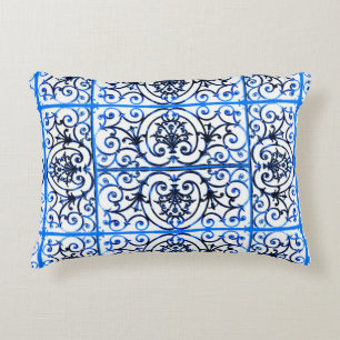 Blue and white scrollwork pattern decorative pillow