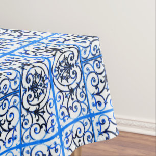 Blue and white scrollwork pattern tablecloth