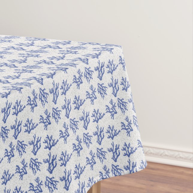 Blue and white sea coral allover print tablecloth (In Situ)