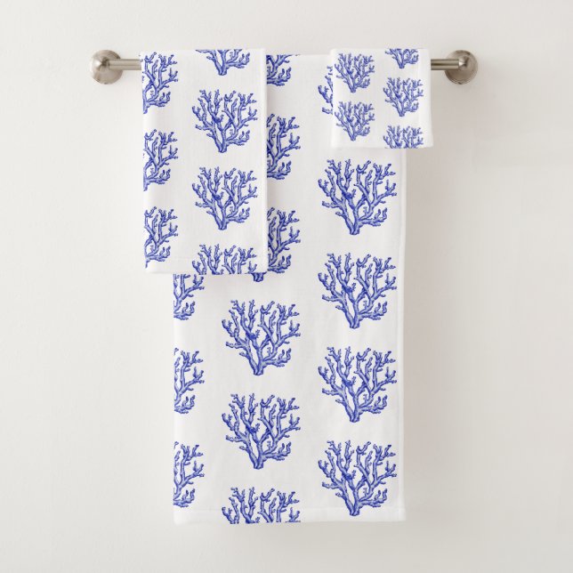 Blue and white sea coral bath towel set (Insitu)