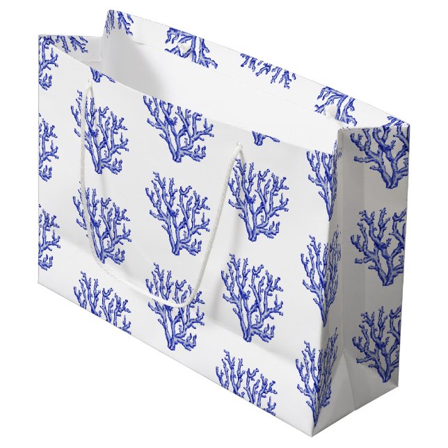Blue and white sea coral large gift bag (Front Angled)