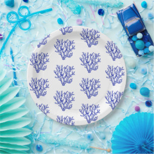 Blue and white sea coral paper plate