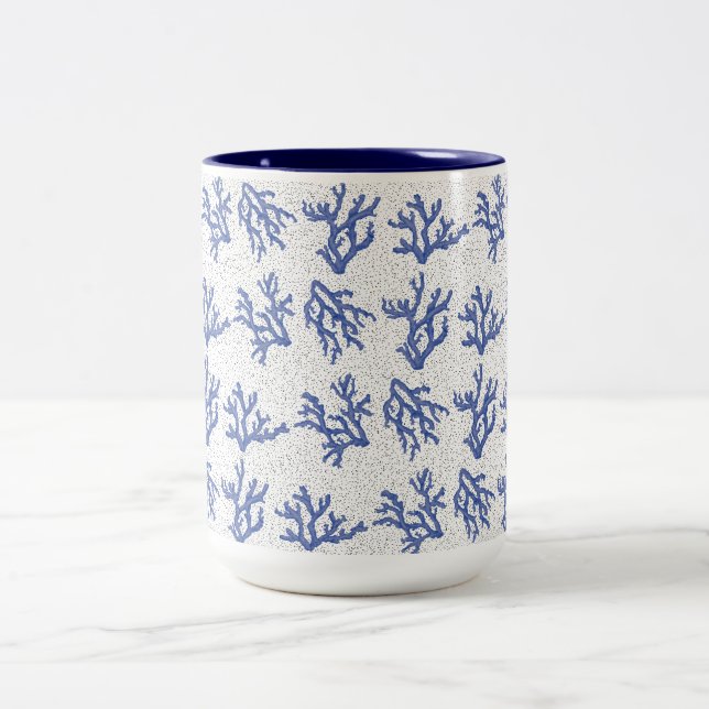 Blue and white sea coral Two-Tone coffee mug (Center)