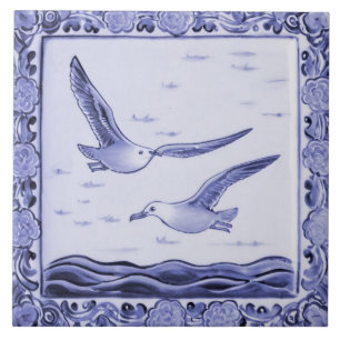 Blue and White Sea gulls Ocean Seagull Birds Tile