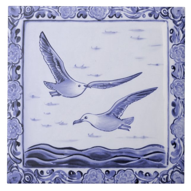 Blue and White Sea gulls Ocean Seagull Birds Tile (Front)