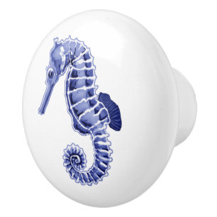 Blue and white seahorse  ceramic knob