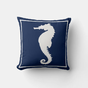 Blue and White Seahorse Coastal Nautical Beach Throw Pillow