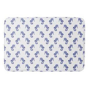 Blue and white seahorse print bath mat
