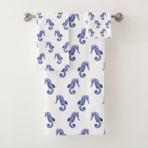 Blue and white seahorse print bath towel set