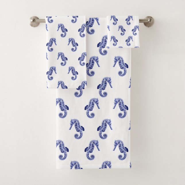 Blue and white seahorse print bath towel set (Insitu)