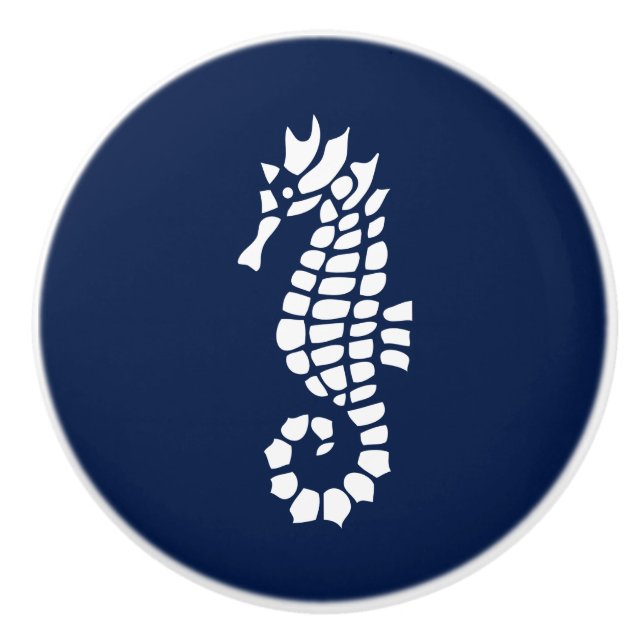 Blue and White Seahorse Sea Animal Coastal Ceramic Knob (Front)