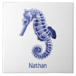 Blue and white seahorse with name ceramic tile<br><div class="desc">This cute blue and white seahorse is great framed or for use in the bathroom or a beach house. Change name in custom section.</div>