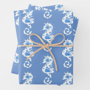 Blue and White Seahorse Wrapping Sheets