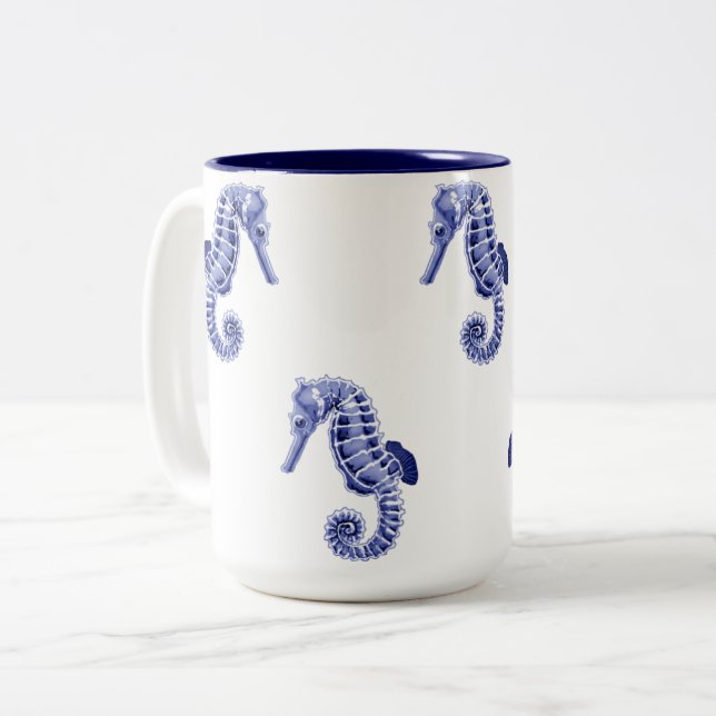 Blue and white seahorses Two-Tone coffee mug (Front Left)