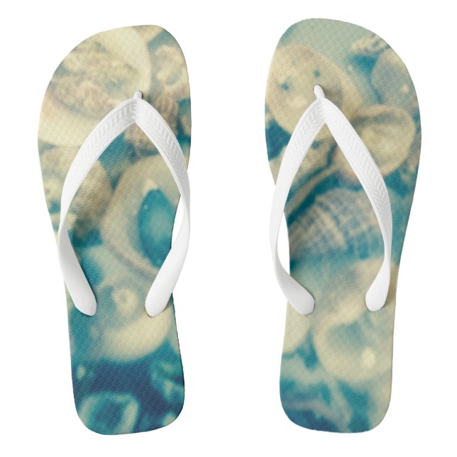 Blue and White Seashell Flip Flops (Footbed)