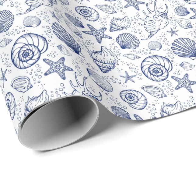 Blue and White Seashell Starfish Gift Wrap Paper (Roll Corner)