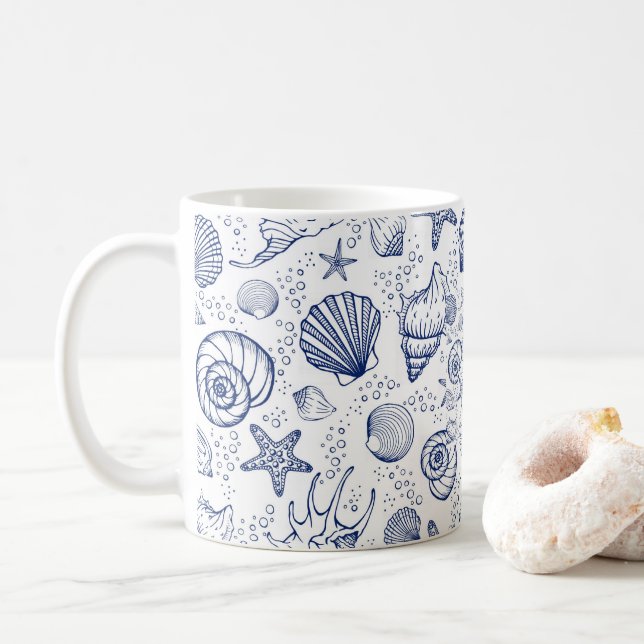 Blue and White Seashell Starfish Nautical Mug (With Donut)