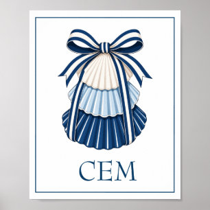 Blue and White Seashells and Ribbons Monogram Poster