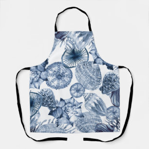 Blue and White Seashells Coastal Design Apron